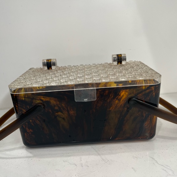 Vintage Lucite Tortoise Amber Box Handbag 1950s Basket Handle Bakelite Purse - Picture 3 of 6